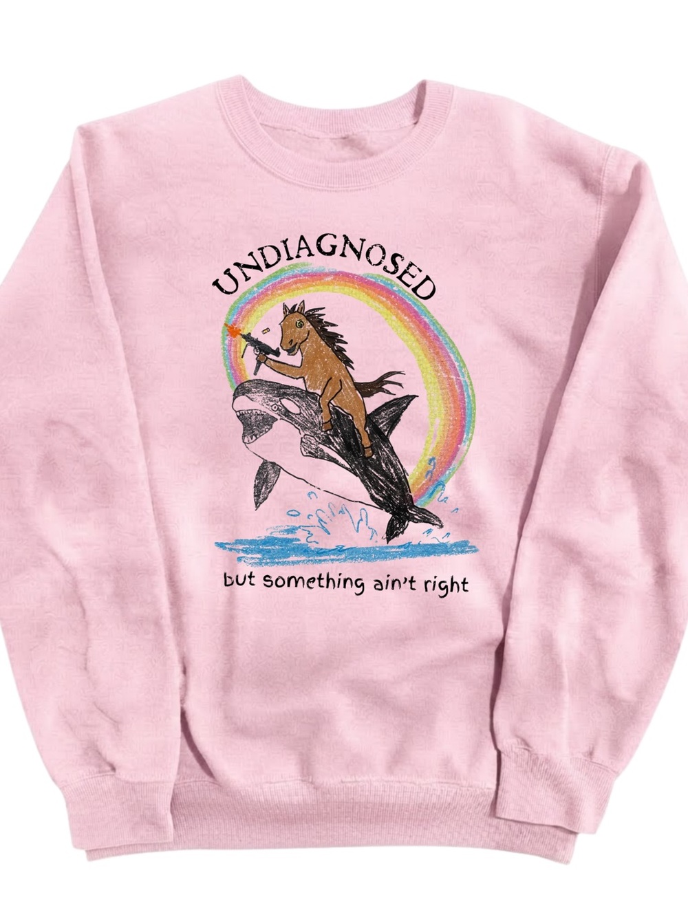 Gildan Light Pink Graphic Sweatshirt with Horse Riding Orca and Rainbow